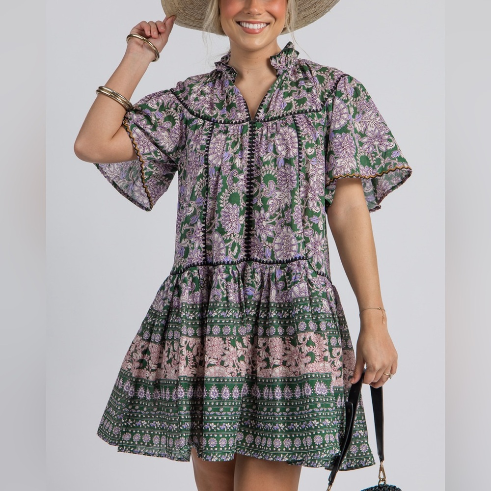 Pants Store Floral Boho Mini Dress Green Purple Ruffle Neck Short Sleeve Size S